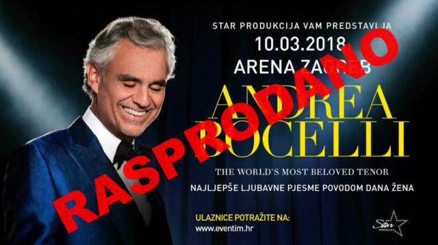 Koncert Andrea Bocelli u Areni službeno rasprodan
