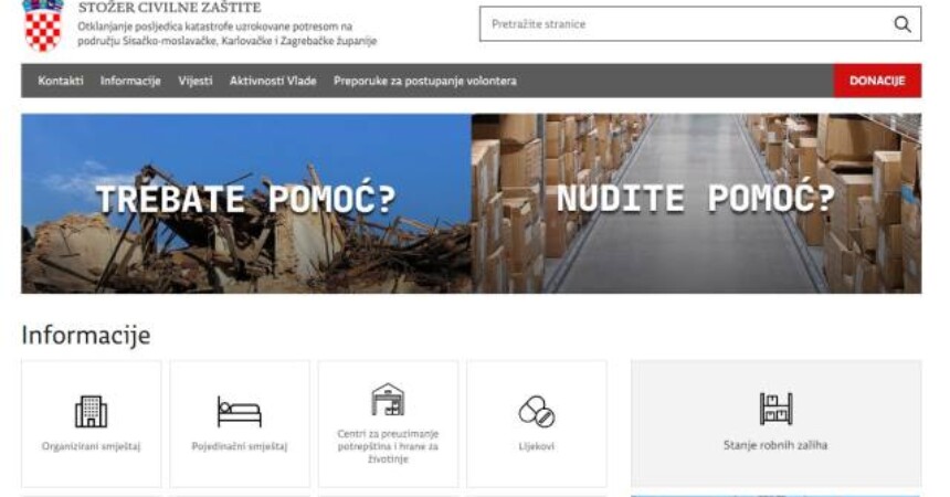 Stranica Vlade Potresinfo: Trebate pomoć – Nudite pomoć